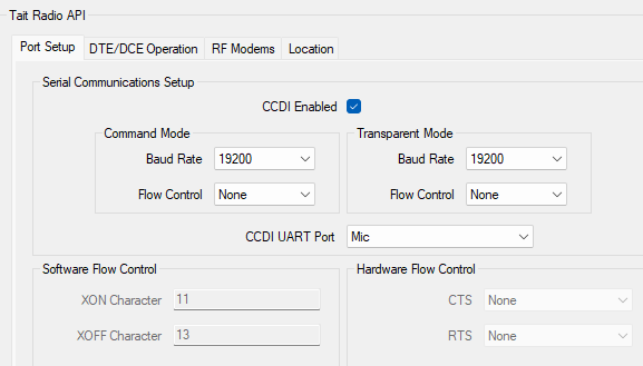 Tait programming application, Tait Radio API, Port Setup tab: CCDI Enabled on; Command Mode and Transparent Mode both Baud Rate 19200, Flow Control None; CCDI UART Port Mic; software and hardware flow control not used.